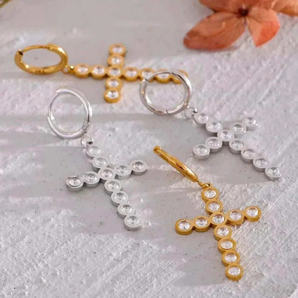 Crystal Cross 18K Gold Stainless Steel Waterproof Earrings - Picture 3 of 5